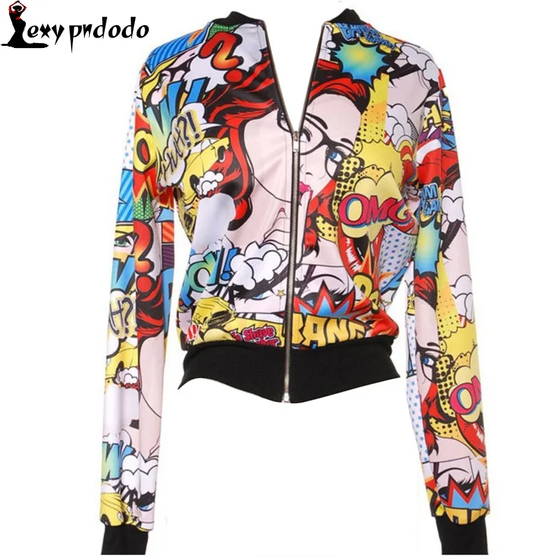 Fall Women Basic Coats Jacket Tops Cartoon Prited Floral Bomber Jackets Coats Clothing Chaquetas Mujer tweed jackets for women
