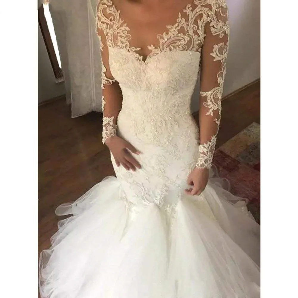Women's Luxury V-neck Mermaid Wedding Dress White Long Sleeves Wedding Gown Lace Illusion vestido de noiva 2019
Women's Luxury V-neck Mermaid Wedding Dress White Long Sleeves Wedding Gown Lace Illusion vestido de noiva 2019