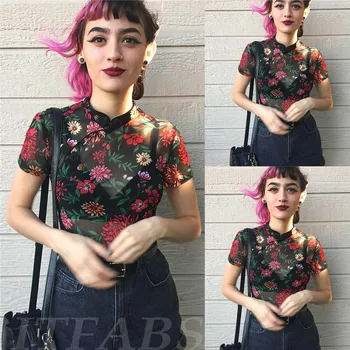 Women Sheer Mesh Short Sleeve T-shirt Crew Neck See-through Crop Floral Top China Style Buckle Top
Women Sheer Mesh Short Sleeve T-shirt Crew Neck See-through Crop Floral Top China Style Buckle Top