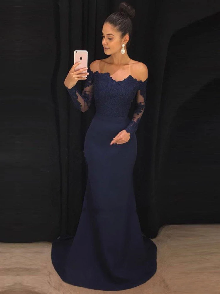 Off The Shoulder Navy Blue Mermaid Prom Dresses Long Sleeves Lace Satin Evening Dresses Formal Evening Dress Elegant Prom Dress
Off The Shoulder Navy Blue Mermaid Prom Dresses Long Sleeves Lace Satin Evening Dresses Formal Evening Dress Elegant Prom Dress