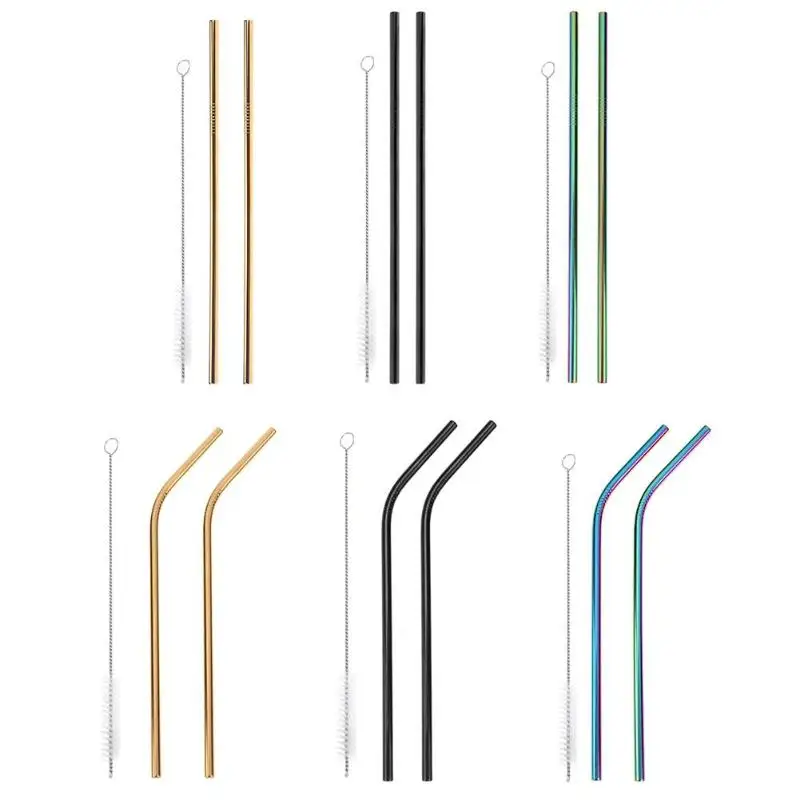 

New Metal Straw Reusable Drinking Straws with Cleaner Brush Set Bent or Straight Style Stainless Steel Home Barware Accessories