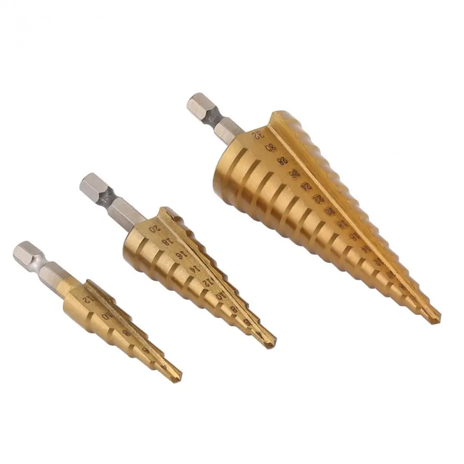 3Pcs 1/4 Inch Hex Shank HSS Titanium Coated Step Drill Bit Set 4-12/4-20/4-32mm Tools
3Pcs 1/4 Inch Hex Shank HSS Titanium Coated Step Drill Bit Set 4-12/4-20/4-32mm Tools