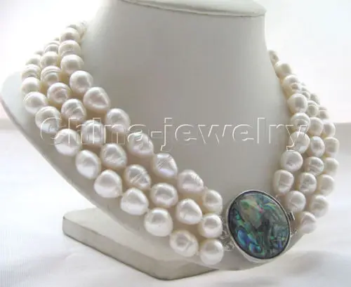 

17-19" 3row 14mm white baroque rice freshwater pearl necklace - abalone shellNoble style Natural Fine jewe fast SHIPPING