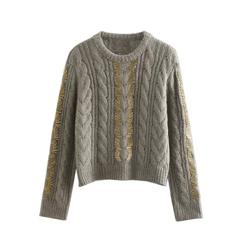 Women's sweater 2019 spring new women's round neck gold beaded and stitched embroidery long-sleeved sweater sweater 
Women's sweater 2019 spring new women's round neck gold beaded and stitched embroidery long-sleeved sweater sweater