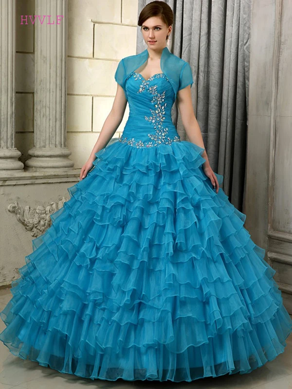 Недорогие синие пышные платья Quinceanera бальное платье милое из органзы украшенное