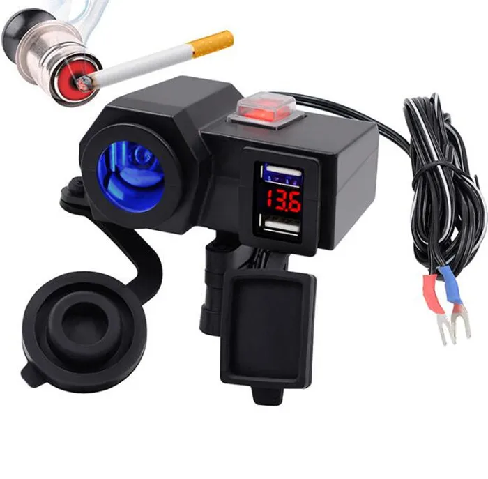 

WUPP Motorcycle Cigarette Lighter Socket Adapter 12V 4.2A Usb Outlet Led Display Voltmeter With Cigarette Butts Switch On/ Off