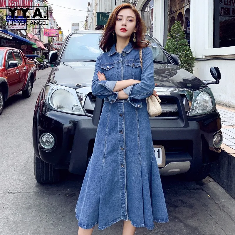 Spring 2019 Long Sleeve Denim Dress Women Single Breasted Office Midi Dress Street Style Slim Fit Cowboy Dress Elegant Vestidos
Spring 2019 Long Sleeve Denim Dress Women Single Breasted Office Midi Dress Street Style Slim Fit Cowboy Dress Elegant Vestidos