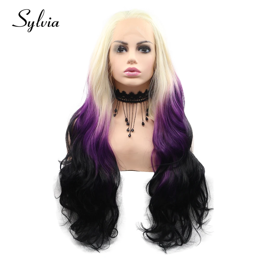 

Sylvia 613# Blonde Ombre Purple Body Wave Synthetic Lace Front Wigs Free Parting Natural Half Hand Tied Heat Resistant Fiber