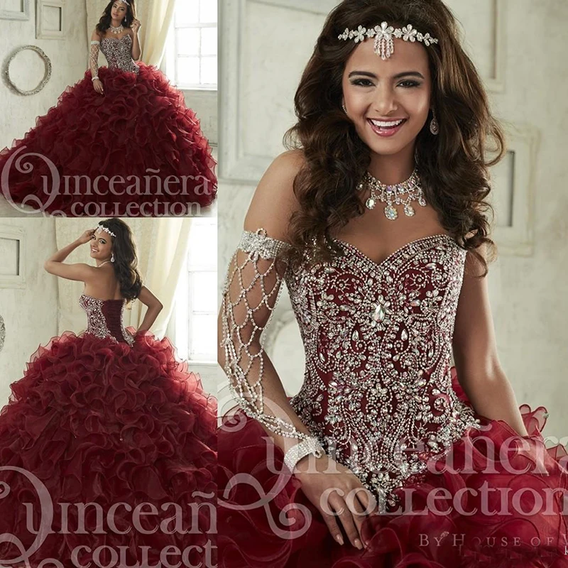 

Maroon Quinceanera Dresses 2019 Sweep Train Tiered Cascading Ruffles Pageant Gown Luxury Crystal Corset Sweetheart 16 Masquerade