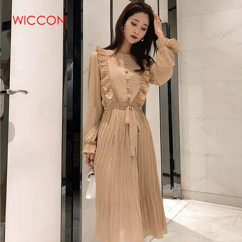 Vintage O-neck Ruffles Chiffon Women Dress Flare Sleeve Polka Dot Lace Up Female Dress Two Layers Pleated Vestidos
Vintage O-neck Ruffles Chiffon Women Dress Flare Sleeve Polka Dot Lace Up Female Dress Two Layers Pleated Vestidos