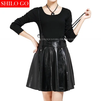 Autumn winter fashion new women high quality sheepskin high waist black waist pleated shoulder strap black leather skirt
Autumn winter fashion new women high quality sheepskin high waist black waist pleated shoulder strap black leather skirt