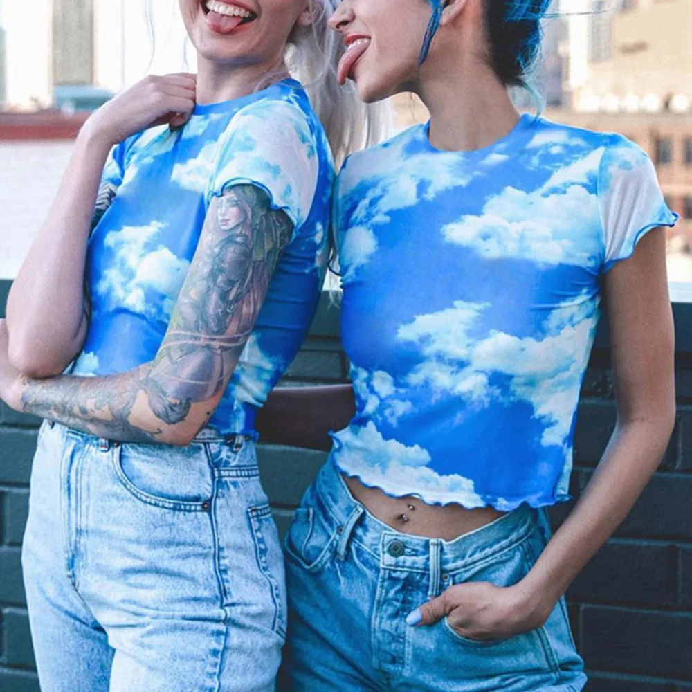 Summer Women Crop Top Mesh Transparent Women Tops Blue Sky White Cloud Printed Short Sleeve Slim T Shirts
Summer Women Crop Top Mesh Transparent Women Tops Blue Sky White Cloud Printed Short Sleeve Slim T Shirts