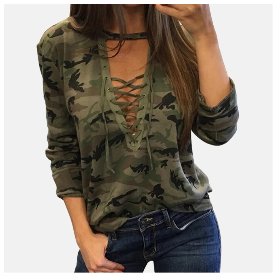 Sexy Camouflage Clothing Camo Top Vetement Femme 2019 Bandage Bluz Cool Shirt Women Deep V Choker Neck T Shirt With Long Sleeves
Sexy Camouflage Clothing Camo Top Vetement Femme 2019 Bandage Bluz Cool Shirt Women Deep V Choker Neck T Shirt With Long Sleeves