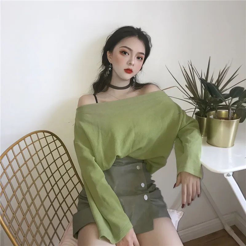 

Ulzzang Harajuku Off the Shoulder Tops for Women Korean Sexy Long Sleeve T Shirts Tops Femme Tumblr Street Style T Shirt Clothes