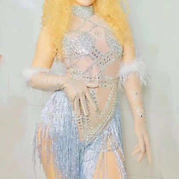 Jazz Dance Costumes Shining Silver Rhinestones Women Fringes Bodysuit Birthday Party Sexy Nightclub Sleeveless Leotard DN2003
Jazz Dance Costumes Shining Silver Rhinestones Women Fringes Bodysuit Birthday Party Sexy Nightclub Sleeveless Leotard DN2003