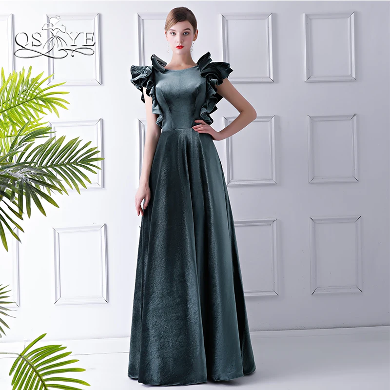 QSYYE 2018 New Formal Evening Dresses Ruffles Shoulder O Neck Open Back Floor Length Velvet Long Prom Dress Evening Gown 
QSYYE 2018 New Formal Evening Dresses Ruffles Shoulder O Neck Open Back Floor Length Velvet Long Prom Dress Evening Gown