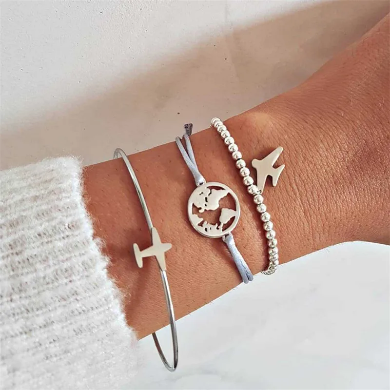 NEWBUY 3Pcs/Set Vintage Bohemian Style Bracelet & Bangle For Women Silver Color Plane Map Beads Charm Bracelets Party Jewelry
NEWBUY 3Pcs/Set Vintage Bohemian Style Bracelet & Bangle For Women Silver Color Plane Map Beads Charm Bracelets Party Jewelry
