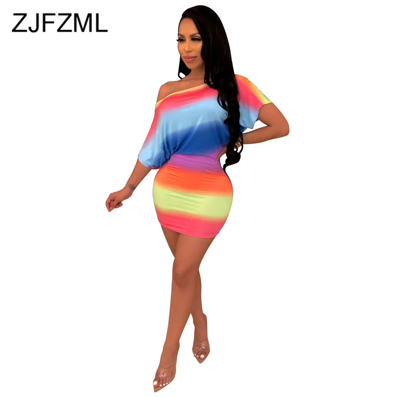 Rainbow Striped Sexy Bandage Mini Dress Women One Shoulder Short Sleeve Club Party Dress Summer High Waist Backless Beach Dress
Rainbow Striped Sexy Bandage Mini Dress Women One Shoulder Short Sleeve Club Party Dress Summer High Waist Backless Beach Dress