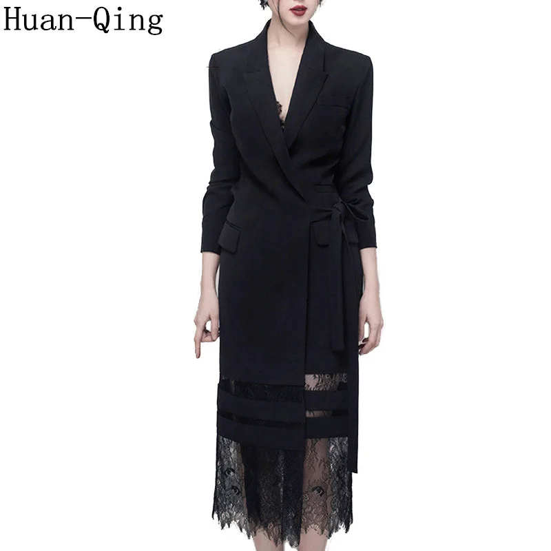 High Quality Runway Women Suit Collar Lace-up Tunic Black Blazer Dress Spring Office Lady Lace Elegant Party Long Dress Vestidos
High Quality Runway Women Suit Collar Lace-up Tunic Black Blazer Dress Spring Office Lady Lace Elegant Party Long Dress Vestidos