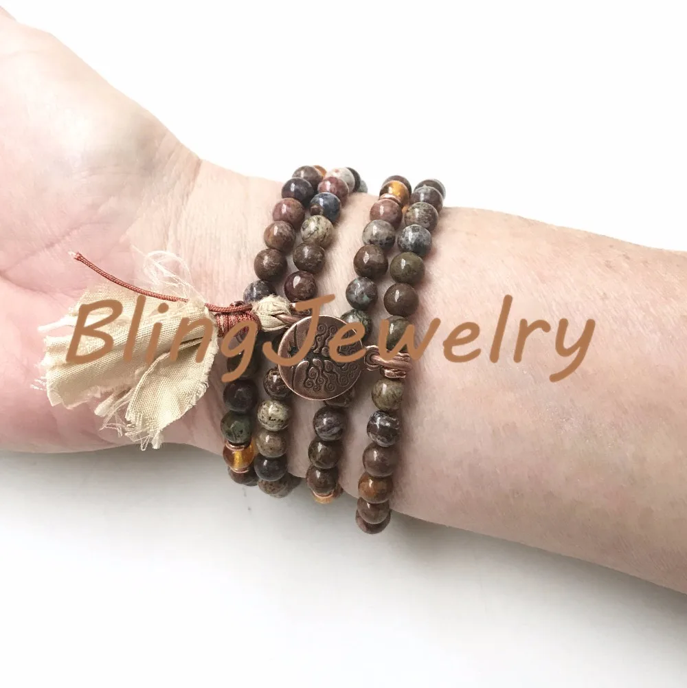 N17082544 Stretch Mala Beads, Brown & Green African Opal Mala Beads Mala To Wrap Around WristSari Silk Tassel (4)