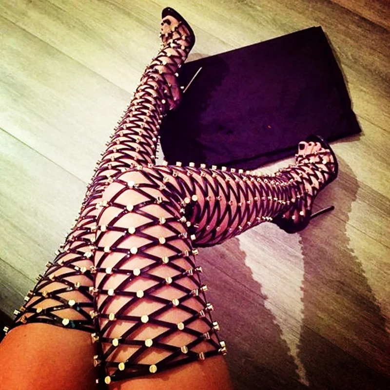 Women Summer Shoe Golden Rivets Studded Waving Hollow Out Women Thigh Boots Peep Toe Back Lace Up Ladies Heels Long Boots
Women Summer Shoe Golden Rivets Studded Waving Hollow Out Women Thigh Boots Peep Toe Back Lace Up Ladies Heels Long Boots
