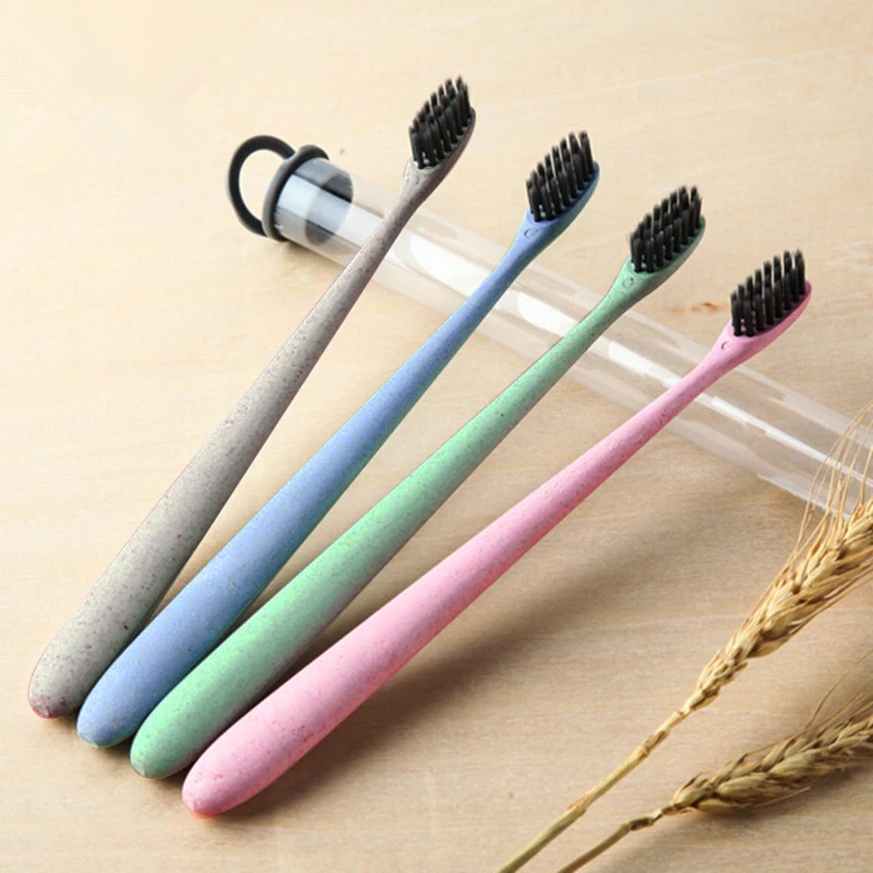 4 pcs Wheat Black Bamboo Toothbrush Portable Soft Charcoal Tooth Brush Tongue Cleaner For Kids And Adults Oral Hygiene