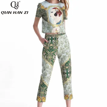 Qian Han Zi Designer fashion Runway Party Suit sets Women's beauty short blouse/tops+pattern Print vintage pants two piece set
Qian Han Zi Designer fashion Runway Party Suit sets Women's beauty short blouse/tops+pattern Print vintage pants two piece set