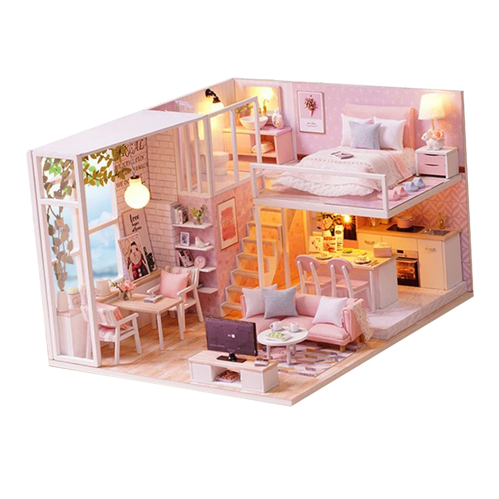 1/24 DIY Miniature Pink Duplex Apartment Dollhouse Kits with Furniture Model, for Ages 6+ 1/24 DIY Miniature Pink Duplex Apartment Dollhouse Kits with Furniture Model, for Ages 6+