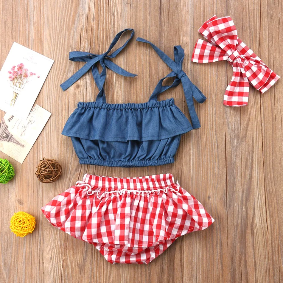 Infant Newborn Baby Kids Girl Summer Swim Wear Outfits Denim Ruffle Off Shoulder Sleeveless Tops Plaid Shorts Sunsuit Clothes
Infant Newborn Baby Kids Girl Summer Swim Wear Outfits Denim Ruffle Off Shoulder Sleeveless Tops Plaid Shorts Sunsuit Clothes