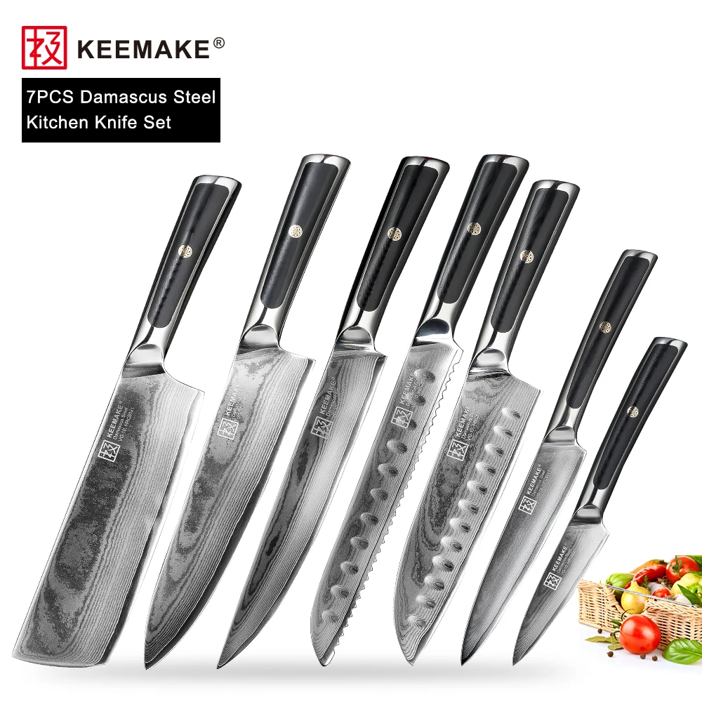 KEEMAKE 7PCS Japanese Damascus VG10 Steel Kitchen Knives Set Utility Chef Paring Knife Sharp G10 Handle Cooking Cutter Tools
KEEMAKE 7PCS Japanese Damascus VG10 Steel Kitchen Knives Set Utility Chef Paring Knife Sharp G10 Handle Cooking Cutter Tools