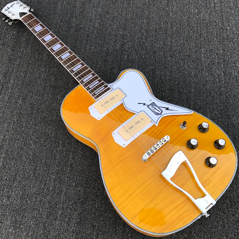 New Arrival Semi-Hollow body Electric guitar with Archtop and back, Flame maple top & back, P90 Pickups,Yellow Color
New Arrival Semi-Hollow body Electric guitar with Archtop and back, Flame maple top & back, P90 Pickups,Yellow Color