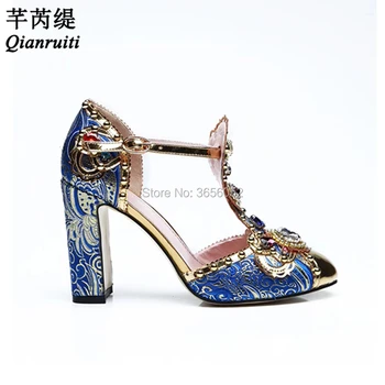 Qianruiti Designer Luxury Blue Print Diamond Pearl Party Wedding Pumps Ladies Sandals Metal Round Toe T-strap Block Heel Shoes
Qianruiti Designer Luxury Blue Print Diamond Pearl Party Wedding Pumps Ladies Sandals Metal Round Toe T-strap Block Heel Shoes