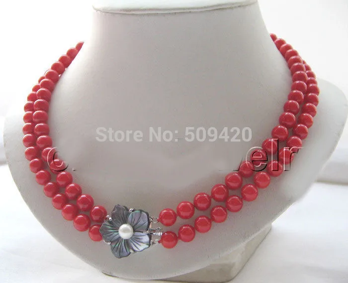 W&O655 >AAA double 17-18" 8mm natural perfect round red coral necklace-shell clasp 
W&O655 >AAA double 17-18" 8mm natural perfect round red coral necklace-shell clasp