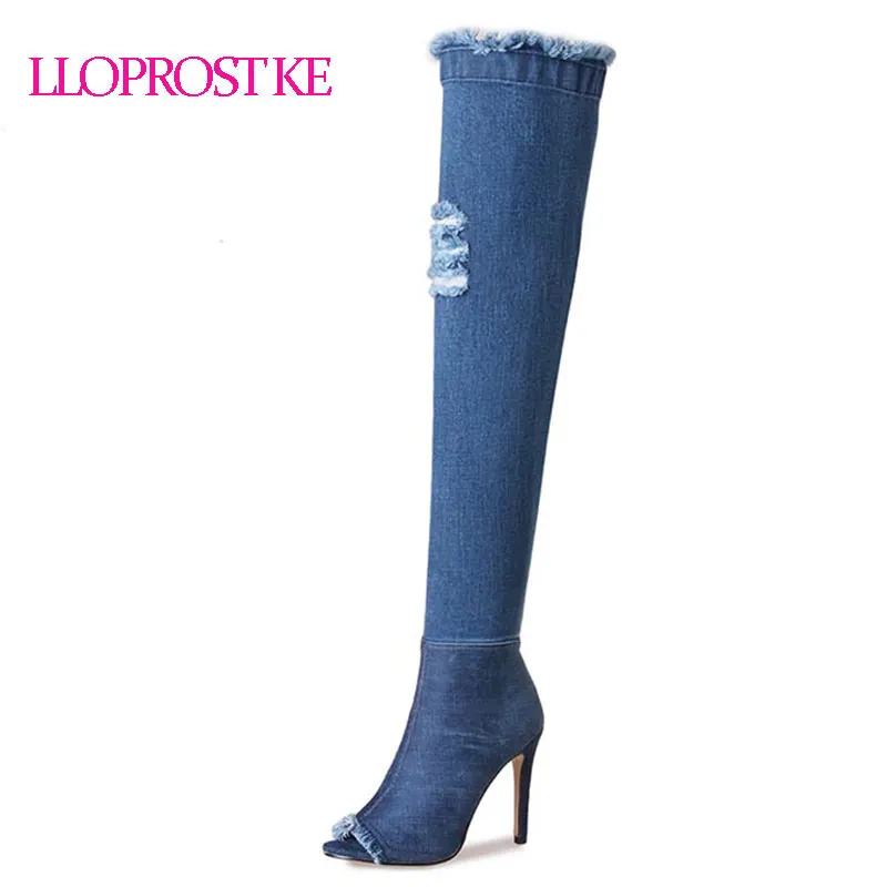 

LLOPROST KE Sexy High Heel Over The Knee Boots Woman Spring Summer Shoes Peep Toe Boots Cut Out Denim Dress Show Shoes MY096