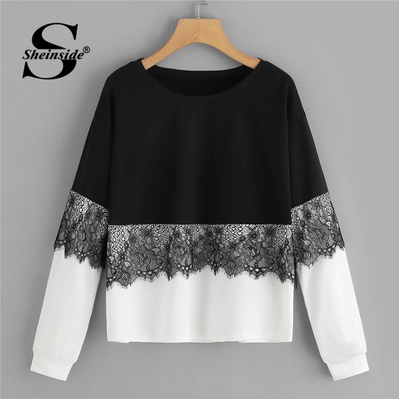 Sheinside Contrast Lace Colorblock Black and White Sweatshirt Female Pullover 2019 Long Sleeve Tops For Women Casual Sweatshirts
Sheinside Contrast Lace Colorblock Black and White Sweatshirt Female Pullover 2019 Long Sleeve Tops For Women Casual Sweatshirts