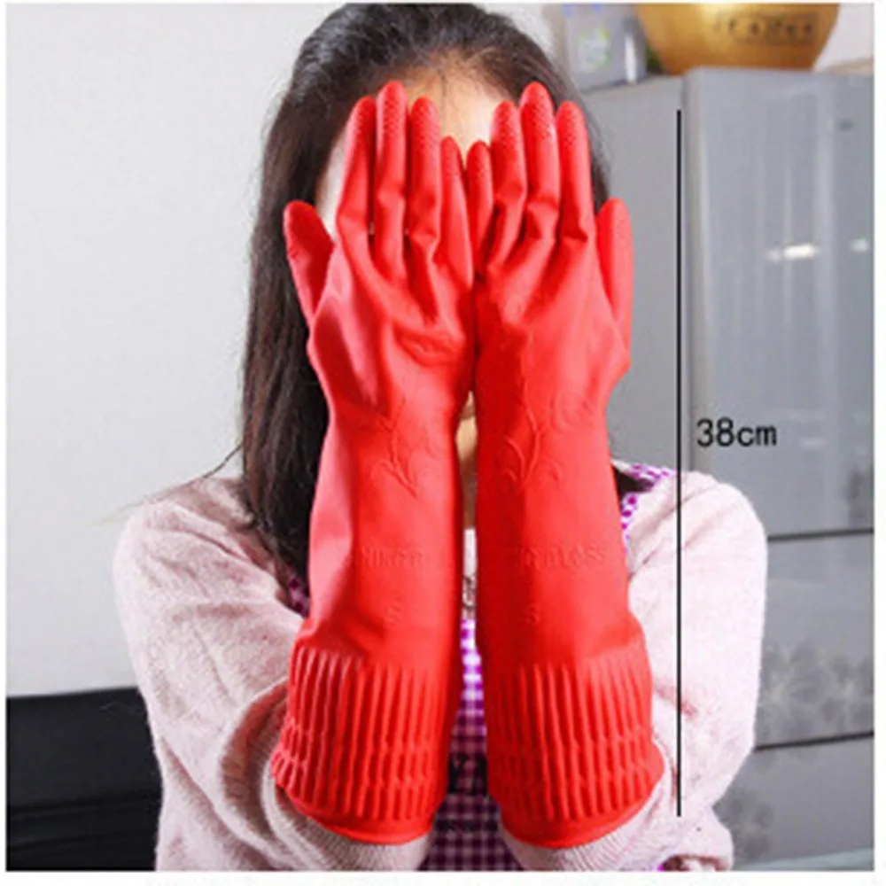 Red Kitchen Wash Dishes Cleaning Waterproof Long Sleeve Rubber Latex Gloves Tool High Quality | Дом и сад