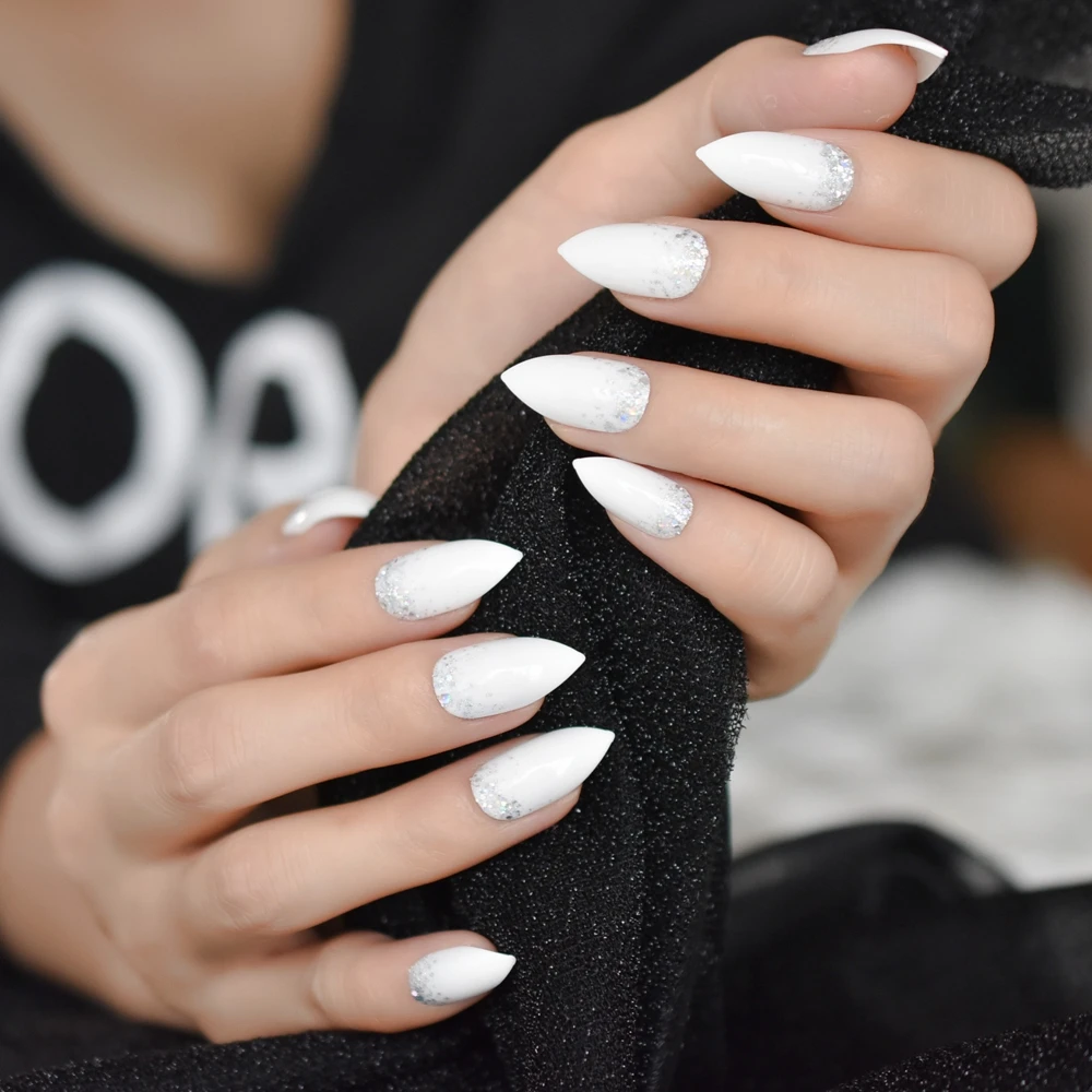 Glitter Stiletto Designed Nails Medium White Silver Nails Shiny Powder