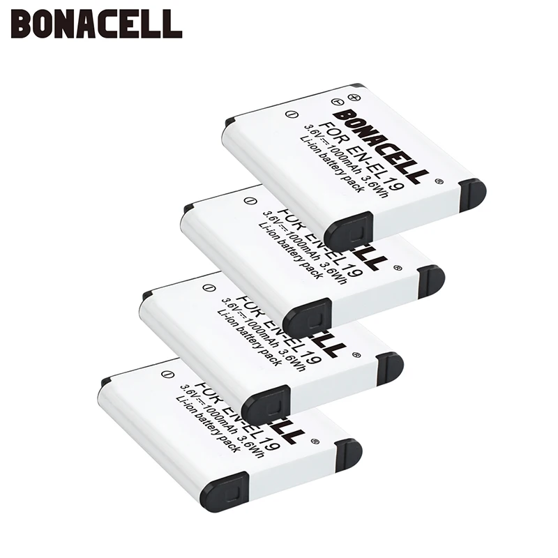 Bonacell 4 шт. EN-EL19 EN EL19 литий-ионные аккумуляторы для Nikon Coolpix S33 S32 S3600 S3700 S4300 S5200 S6800 S4100