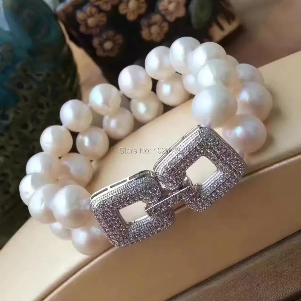 

2rows white freshwater pearl near round 8-10mm necklace bracelet 19+8inch fppj zircon square clasp