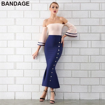 2019 Women Party Button Blue Patchwork Off Shoulder Bell Sleeve Evening Bodycon Dress Cold Shoulder Bandage Mermaid Dresses
2019 Women Party Button Blue Patchwork Off Shoulder Bell Sleeve Evening Bodycon Dress Cold Shoulder Bandage Mermaid Dresses