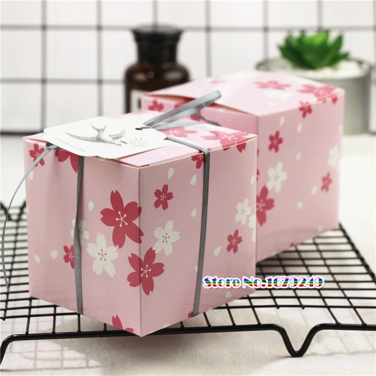 9x9x9cm cube pink cherry blossoms candy box square diy gift box