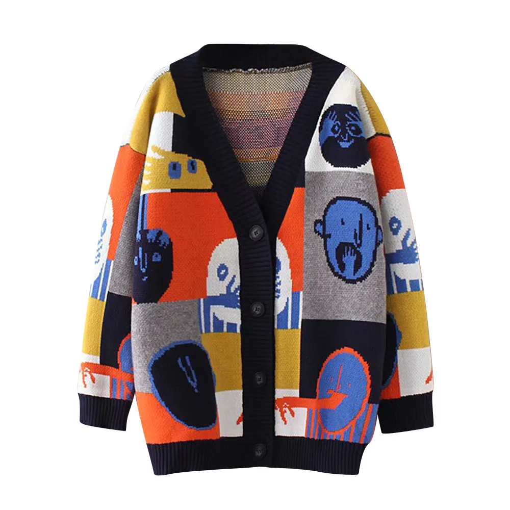 Fashion colorful girls coat sweaters Women Fashion Cartoon Jacket Doodle Sweater V-neck Knit Cardigan Coat chaqueta feminino
Fashion colorful girls coat sweaters Women Fashion Cartoon Jacket Doodle Sweater V-neck Knit Cardigan Coat chaqueta feminino