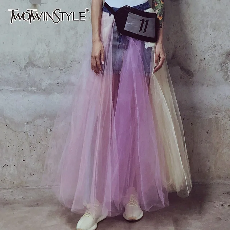 TWOTWINSTYLE Mesh Patchwork Long Denim Skirt For Women High Waist Hit Color Skirts Female Fashion 2019 Spring
TWOTWINSTYLE Mesh Patchwork Long Denim Skirt For Women High Waist Hit Color Skirts Female Fashion 2019 Spring
