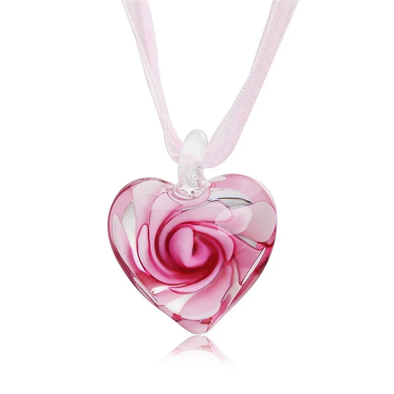 Handmade Luxury Love Heart Necklace Glass Blown Flower Inlaid Spiral Ribbon*