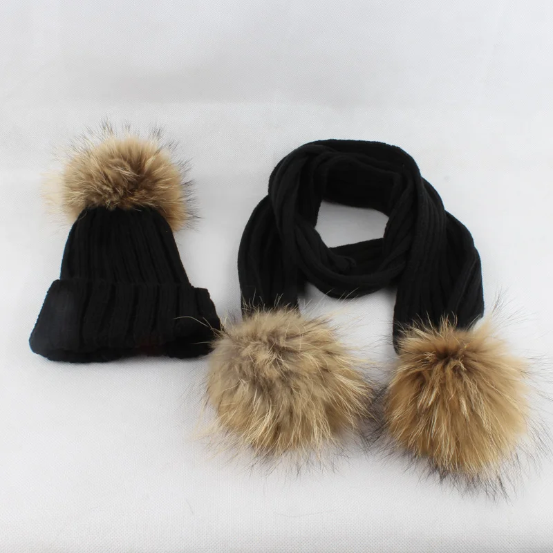 FURANDOWN kids Winter Scarf Hat Sets Children Warm Thick Stretchy Knit Beanie Pom Pom Hat Fur Caps 24