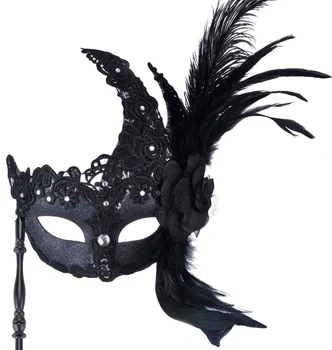 Womens Princess Mask Ball Masquerade Half Face Venetian Lace Cosplay Princess Mask With Feathers And Holding Stick 
Womens Princess Mask Ball Masquerade Half Face Venetian Lace Cosplay Princess Mask With Feathers And Holding Stick