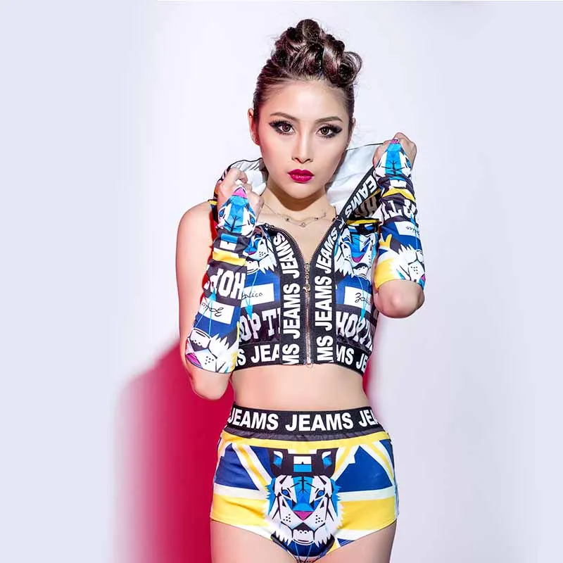 Sexy Female Anchor Ds Nightclub Stage Costume Printing Tiger Head Suit Modern Dance Jazz Hip Hop DWJ1002 |