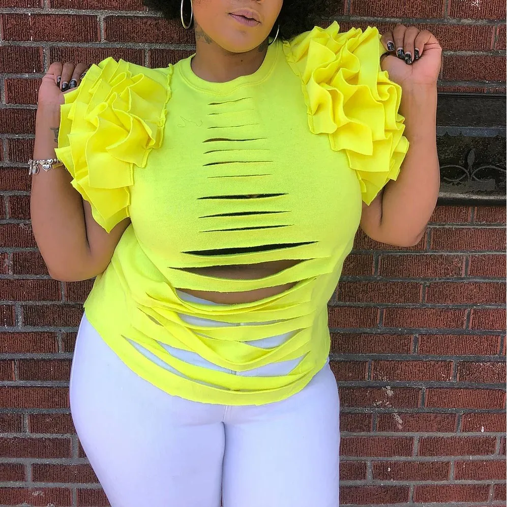 2019 Neon Yellow Ruffle T Shirt Summer Women Streetwear Front Hollow Out Tees O Neck Butterfly Sleeve Top
2019 Neon Yellow Ruffle T Shirt Summer Women Streetwear Front Hollow Out Tees O Neck Butterfly Sleeve Top