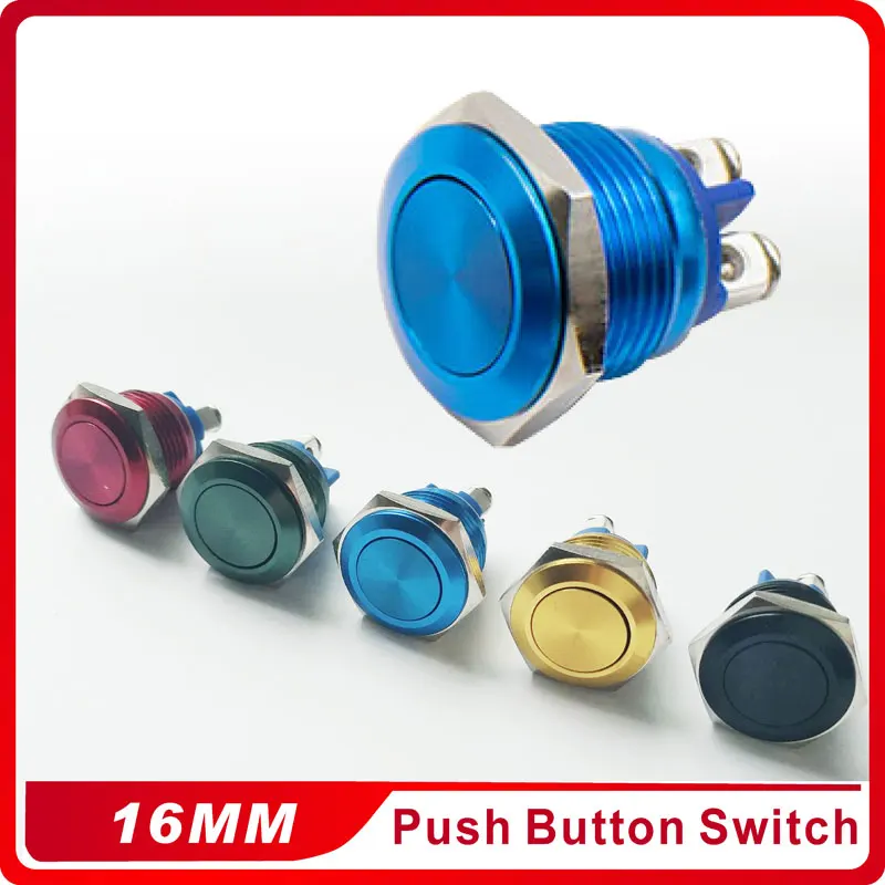 

16mm Metal Oxidized Push Button Switch Flat Round 1NO Reset Press Button Screw Terminal Momentary Red Black Blue Gold Green