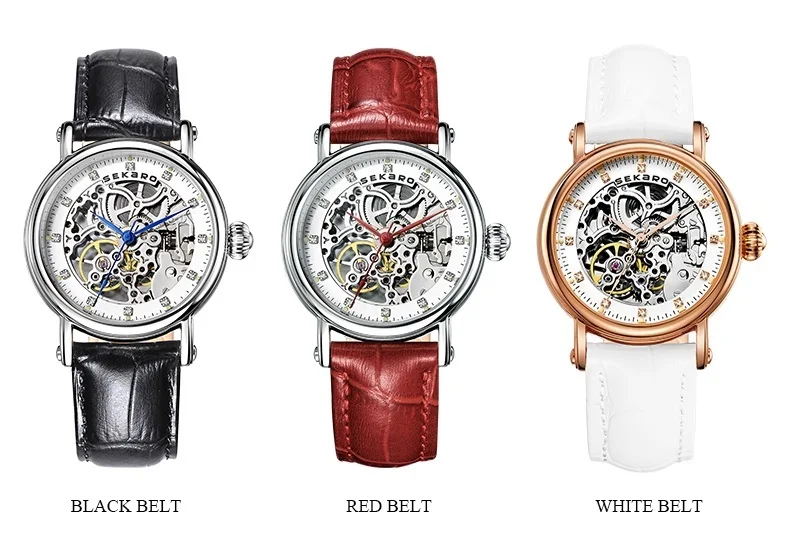 SEKARO Brand Women Mechanical Watches Diamond Ladies hand-winding Wristwatches Leather Fashion Skeleton Dial Gift for Female
